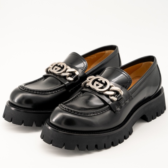 size 39.5G 9.5 US Gucci Jeanne Interlocking Chunky Loafers Black Leather Maxi GG - Picture 1 of 11